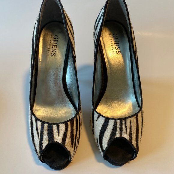 GUESS Zebra Patterned Pony Hair Peep Toe Heels - Picture 2 of 6